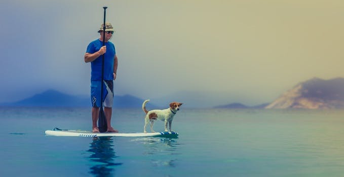 Man and Dog Standing on White Surf Board in Water Painting