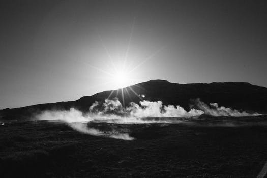 HD wallpaper of black-and-white, dawn, mountains, nature