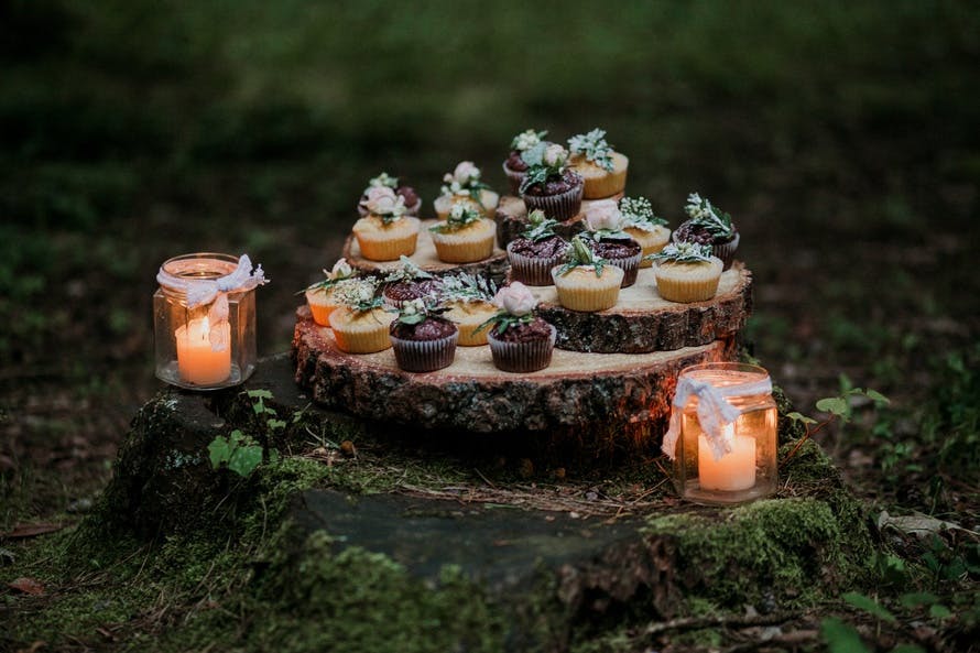 Cupcakes and Candles on Stump Surrounded by Moss
