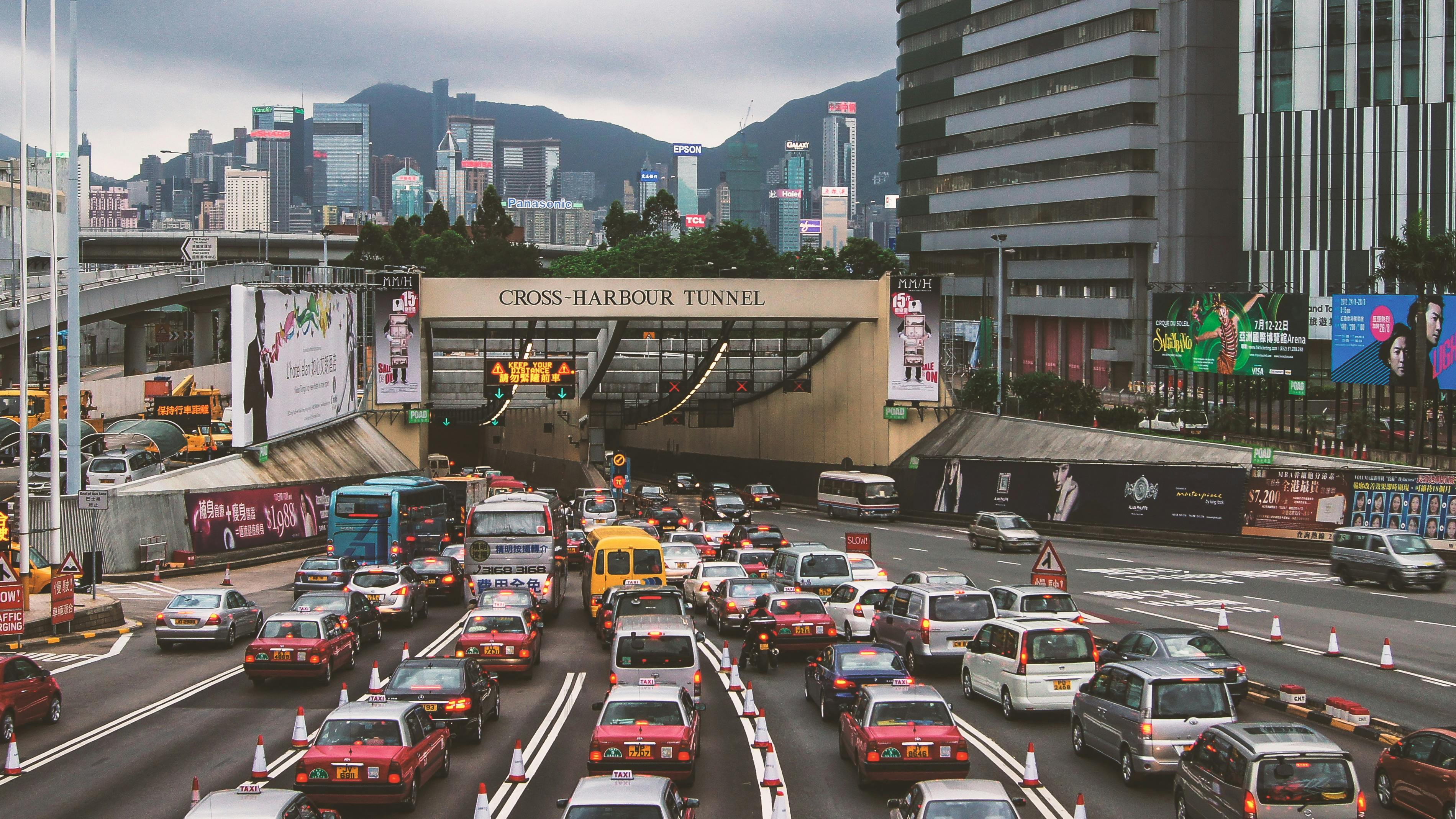 Traffic waits to go through the Cross-Harbour Tunnel in Hong Kong.