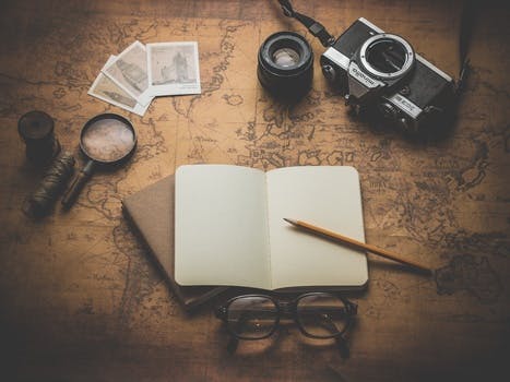 Free stock photo of camera, notebook, notes, travel