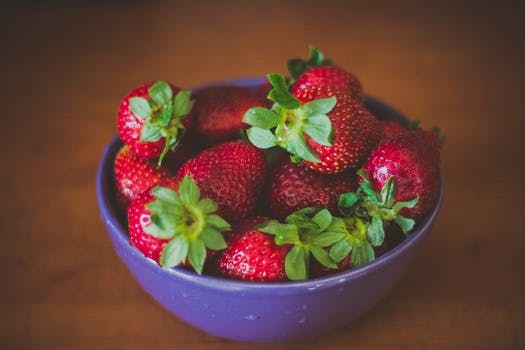 Blue Round Bowl of Fresh Strawberries