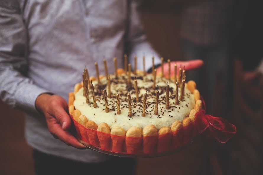 Birthday cake in men's hands