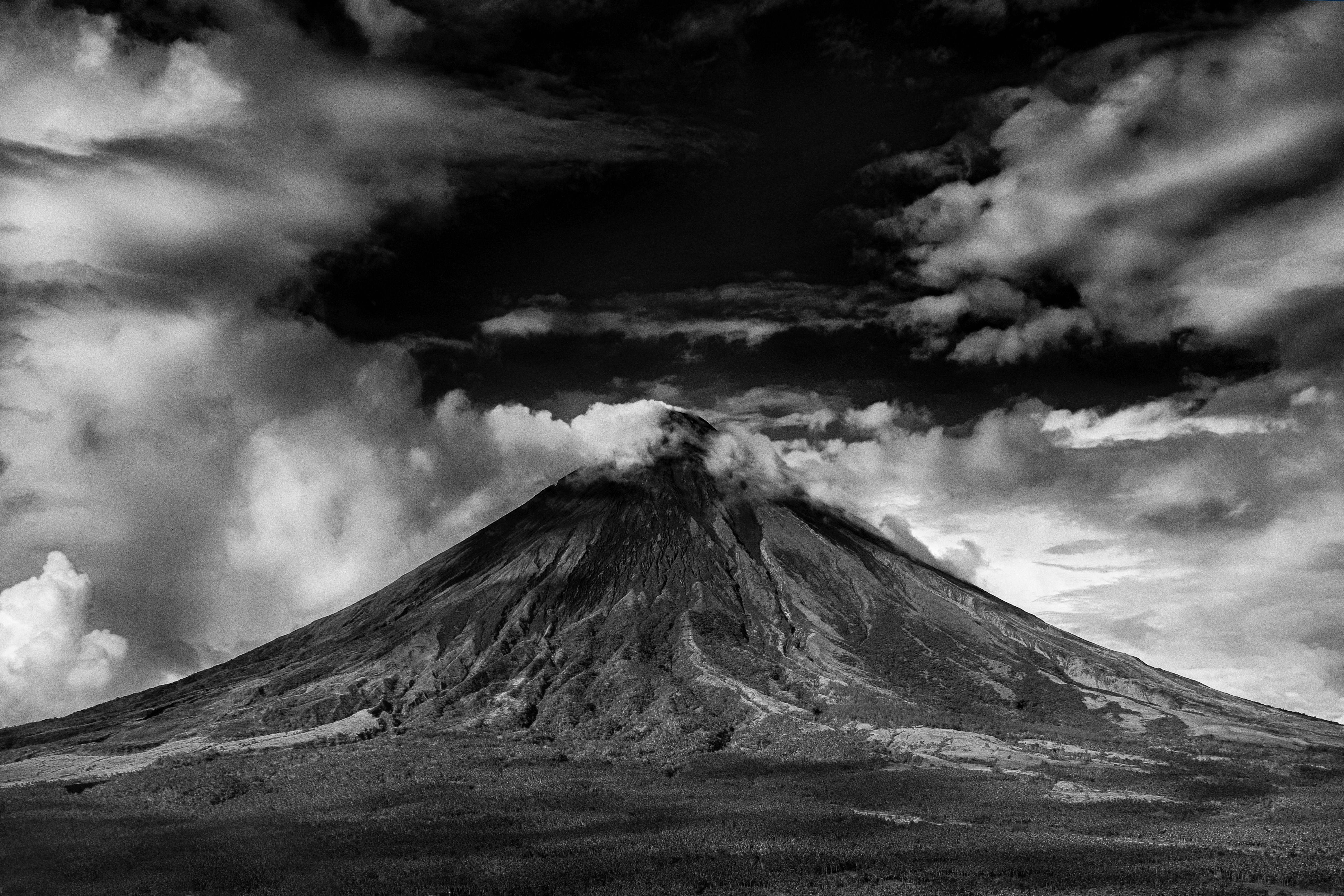 Gray Scale Photo of Active Volcano   Free Stock Photo