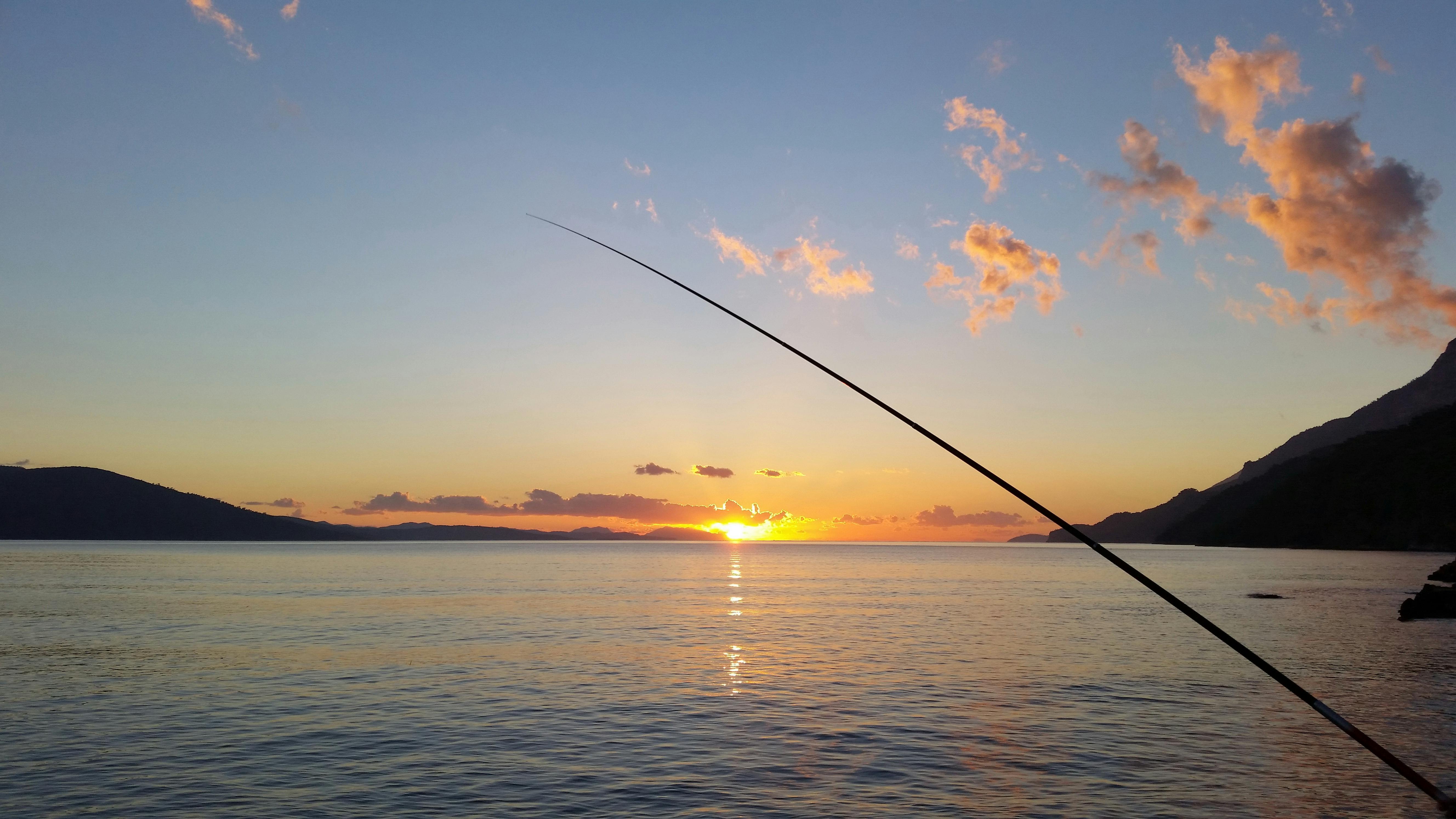 fishing-rod-near-body-of-water-during-sunset-free-stock-photo