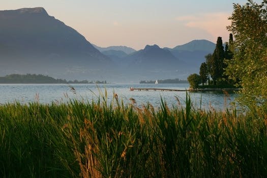 HD wallpaper of landing stage, sea, landscape, mountains